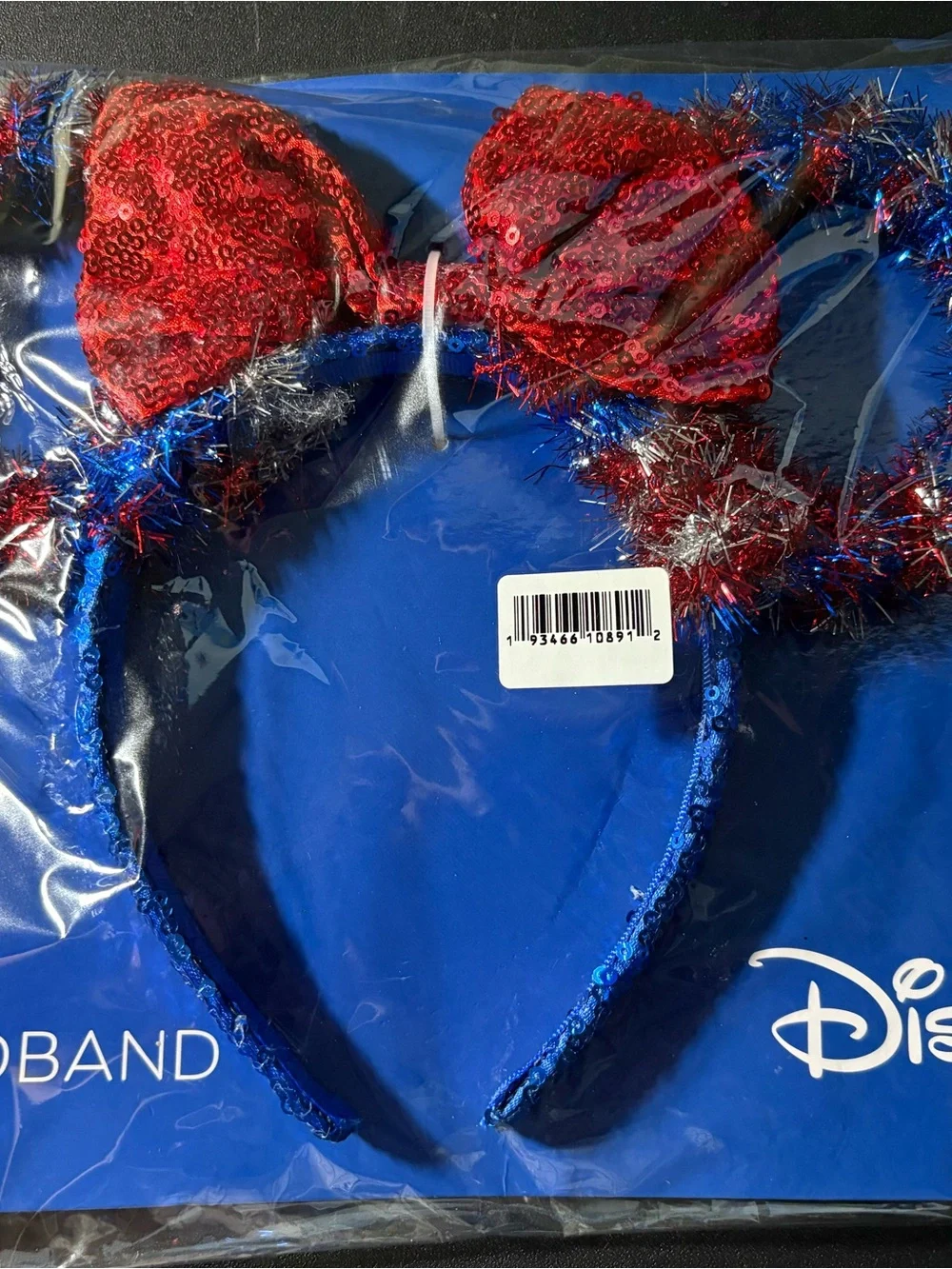 Disney Red Sequin Bow Headband with Blue Tinsel Trim
